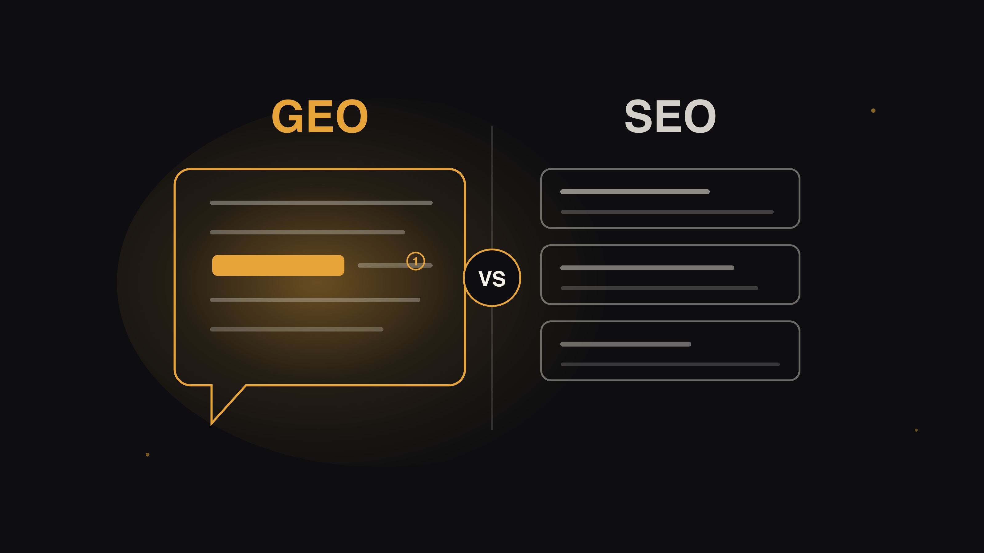 GEO answer bubble with a highlighted brand versus a grey SEO result list