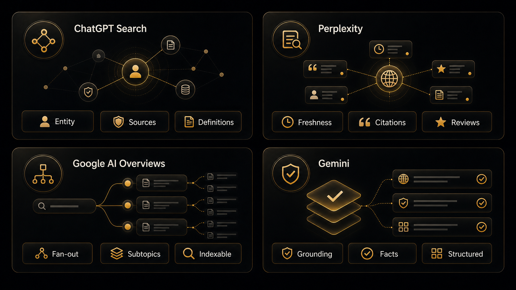 GEO priorities across four AI engines: ChatGPT, Perplexity, Google AI Overviews, Gemini