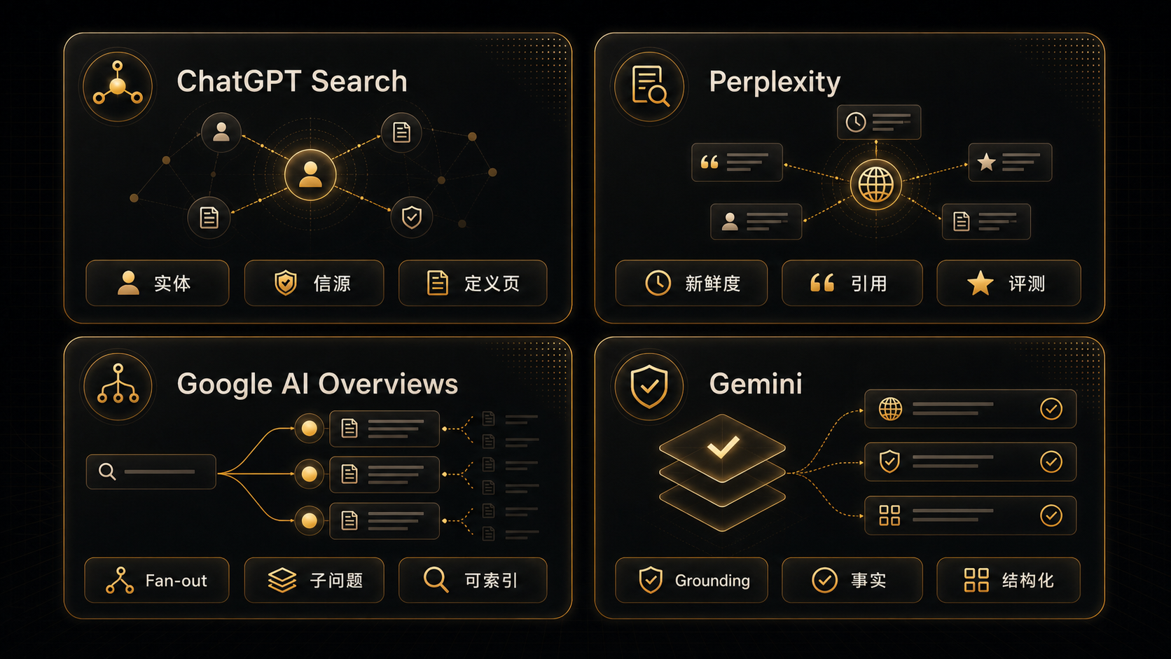 四大 AI 引擎的 GEO 优化重点：ChatGPT、Perplexity、Google AI Overviews、Gemini